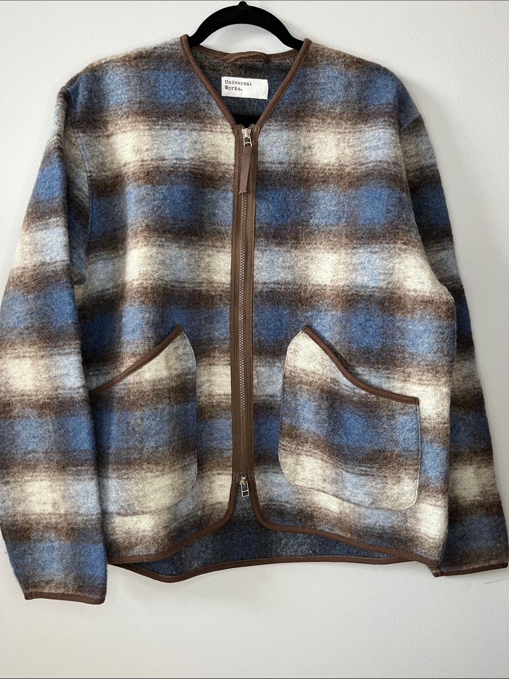 Universal works wool fleece zip liner jacket plaid blue brown check men’s coat